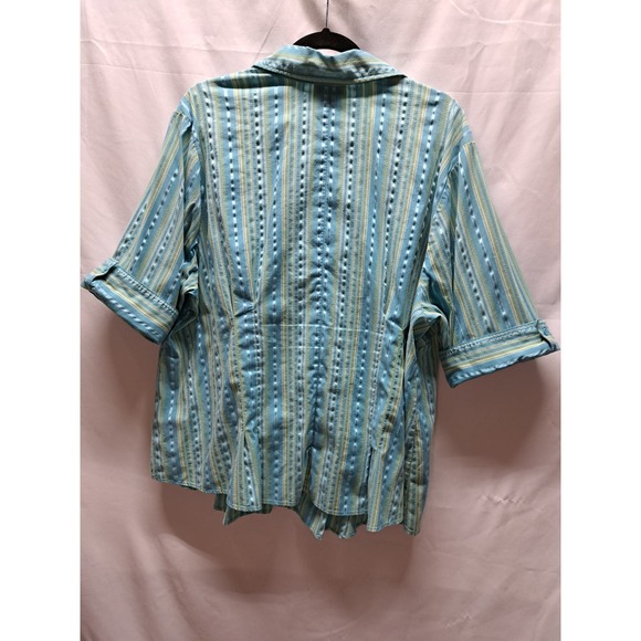 Early 2000 Y2K Lane Bryant Blue Green stripe summer button up collar shirt 22/24 - Picture 4 of 6